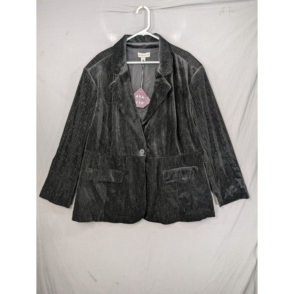Ava & Viv Womens Plus 2X Black Velvet Metallic Pinstripe Blazer